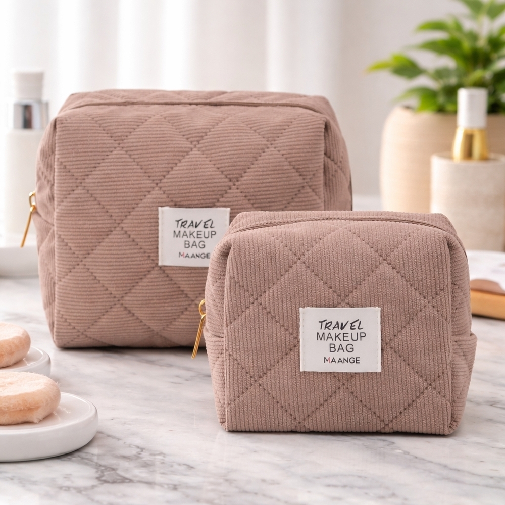 2-Piece Quilted Corduroy Makeup‎ Bag Set – Coffee Brown Cosmetic Pouches